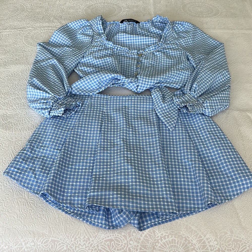 🛍️FINAL SALE🛍️ZARA 2 PCs Blue-White Gingham Crop Top & Pleated Split Skirt/Skort - Picture 7 of 10